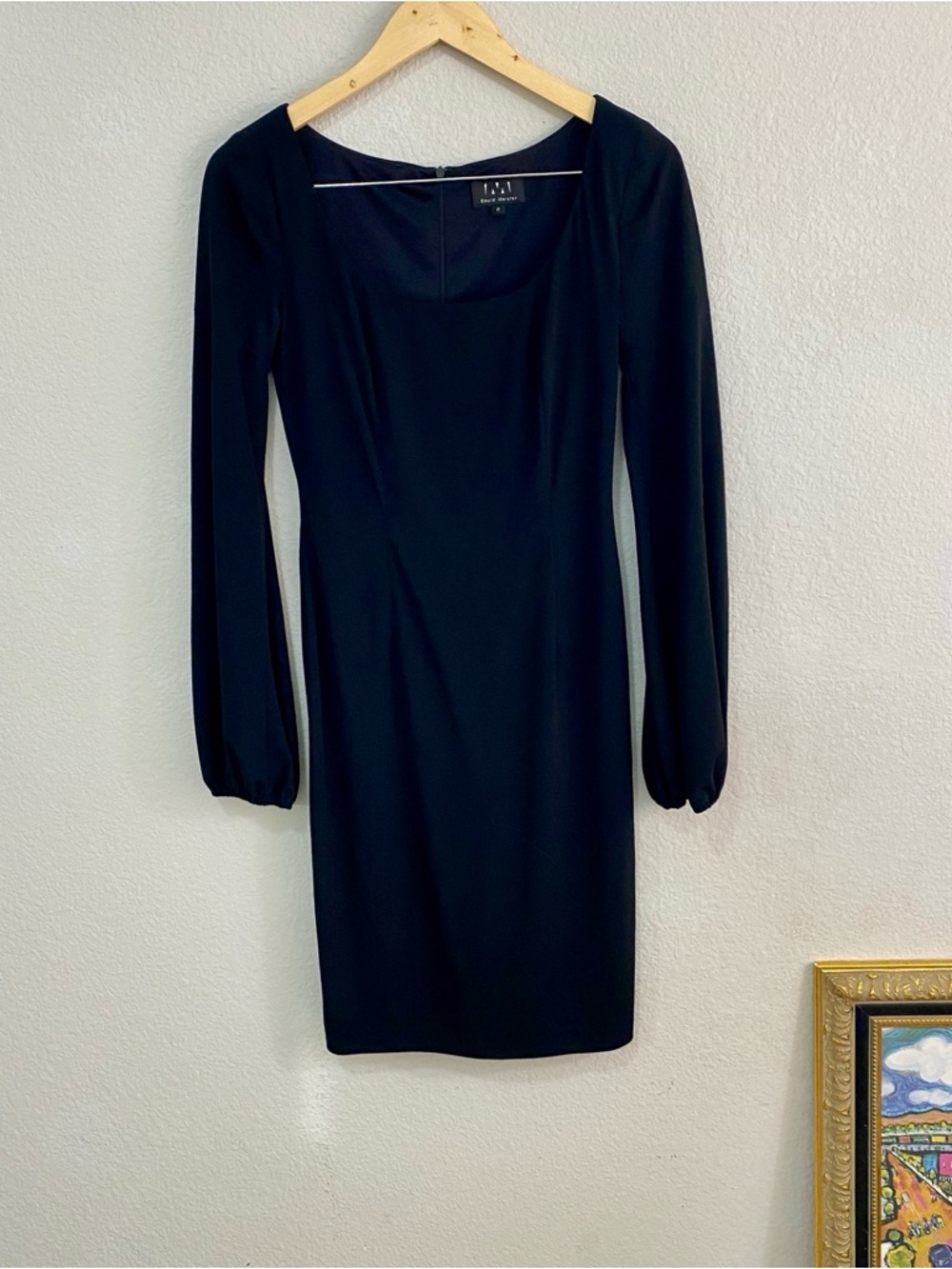 David Meister Black Bishop Sleeve Sheath Dress Square Neck Sz 2 Quiet Luxury - Picture 2 of 7